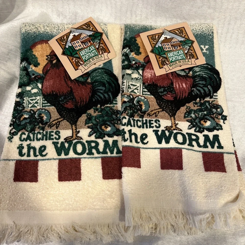 Vtg 1994 3pc Dish Towels & Pot Holder Rooster Franco Farmhouse Made‎ In USA